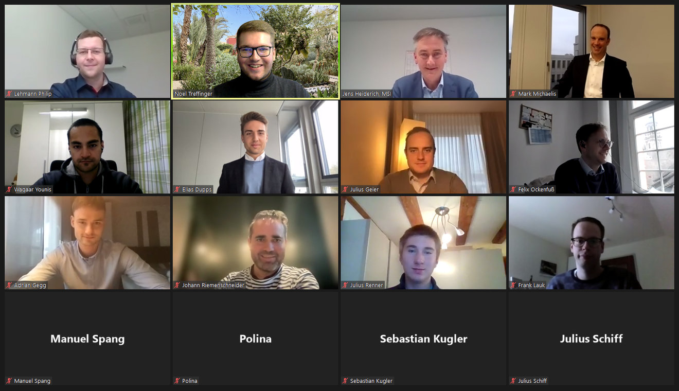 The members of the Junge Union Offenburg Noel Treffinger, Waqaar Younis, Elias Dupps, Julius Geier, Felix Ockenfuß, Adrian Gegg, Johann Riemenschneider, Julius Renner, Frank Lauk, Manuel Spang, Polina Liapkovich, Sebastian Kugler and Julius Schiff in a virtual meeting with Mark Michaelis, Reiner Sailer, Jens Heiderich and Philip Lehmann from Markant in Offenburg